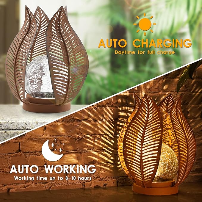 Solar Outdoor Lights Garden Decor Waterproof Crackle Glass Globe,Metal Yard Art Outdoor Solar