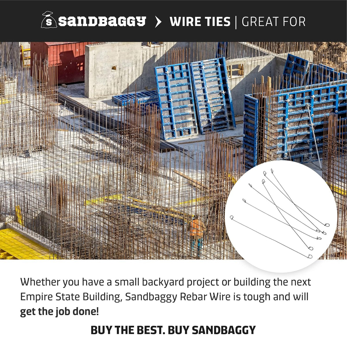Sandbaggy Double Loop Rebar Wire Bar Ties | 16 Gauge | Made of Industrial Grade Wire | Great for