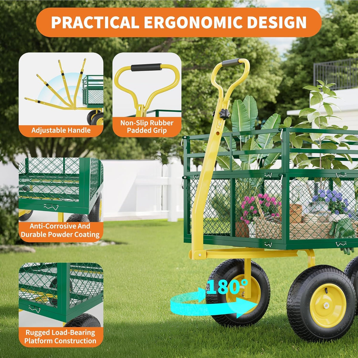 Metal Wagon - 1400lbs Garden Cart with 10" Multi-Terrain Tires, 4 Removable Mesh Sides & 180°