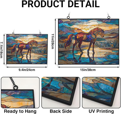 Rectangle Art Nouveau Wild Horse Oasis Stained Glass Window Hanging Customized Suncatcher Glass