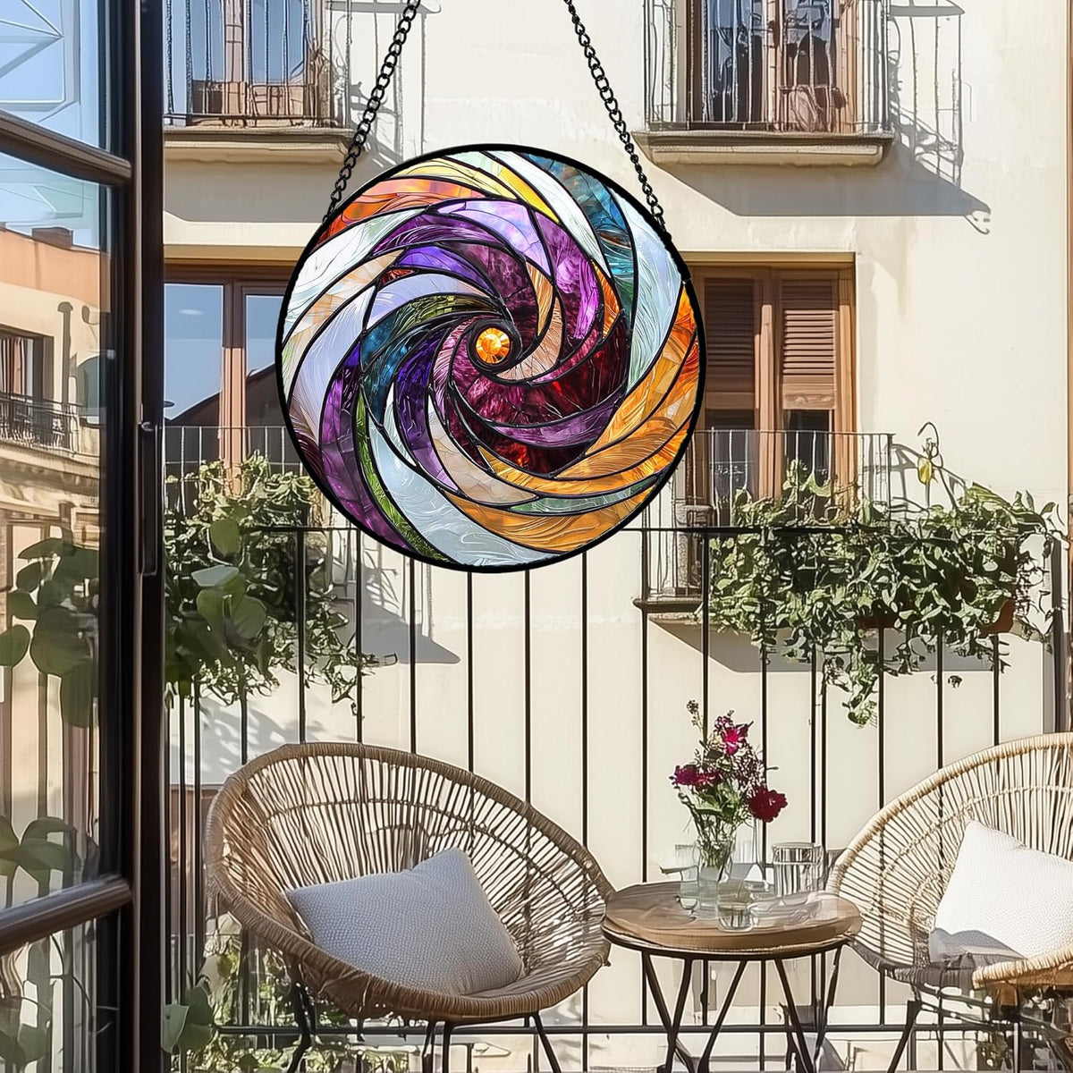 Stained Glass Window Hanging, Colorful Abstract Spiral Pattern Suncatcher for Doors Window Home Sun