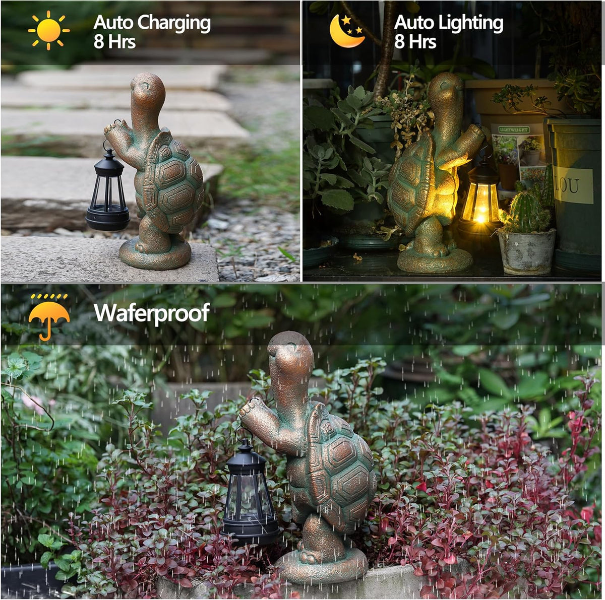 Turtle Solar Powered Outdoor Garden Statue, Resin Statue with Solar Light Lantern, Decorative Lawn
