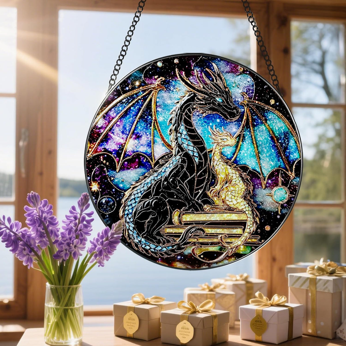 Stained Glass Window Hanging, 8 Inch Dragon Stained Glass Suncatcher, Sun Catchers Indoor Window