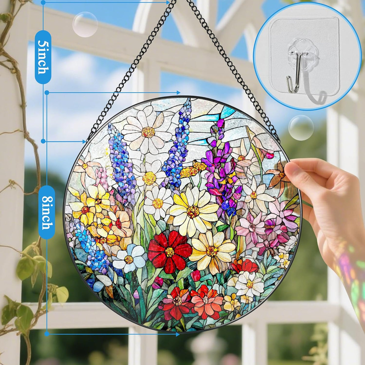 Stained Glass Window Hanging, 8 Inch Wildflower Stained Glass Suncatcher, Suncatchers for Windows