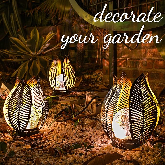 Solar Garden Lights Waterproof Decorations,Crackle Globe Glass,Metal Palm Leaf Solar Lights for
