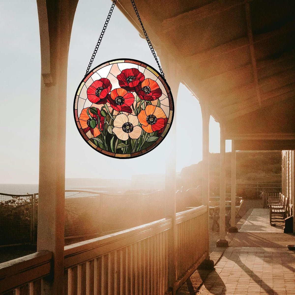Stained Glass Window Hanging - Orange Red Poppy Flowers Suncatcher for Door Garden Yard Sun
