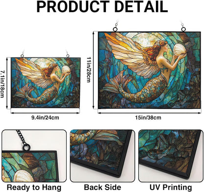 Customized Rectangle Art Nouveau Coral Mermaid Stained Glass Window Hanging, Suncatcher for Women
