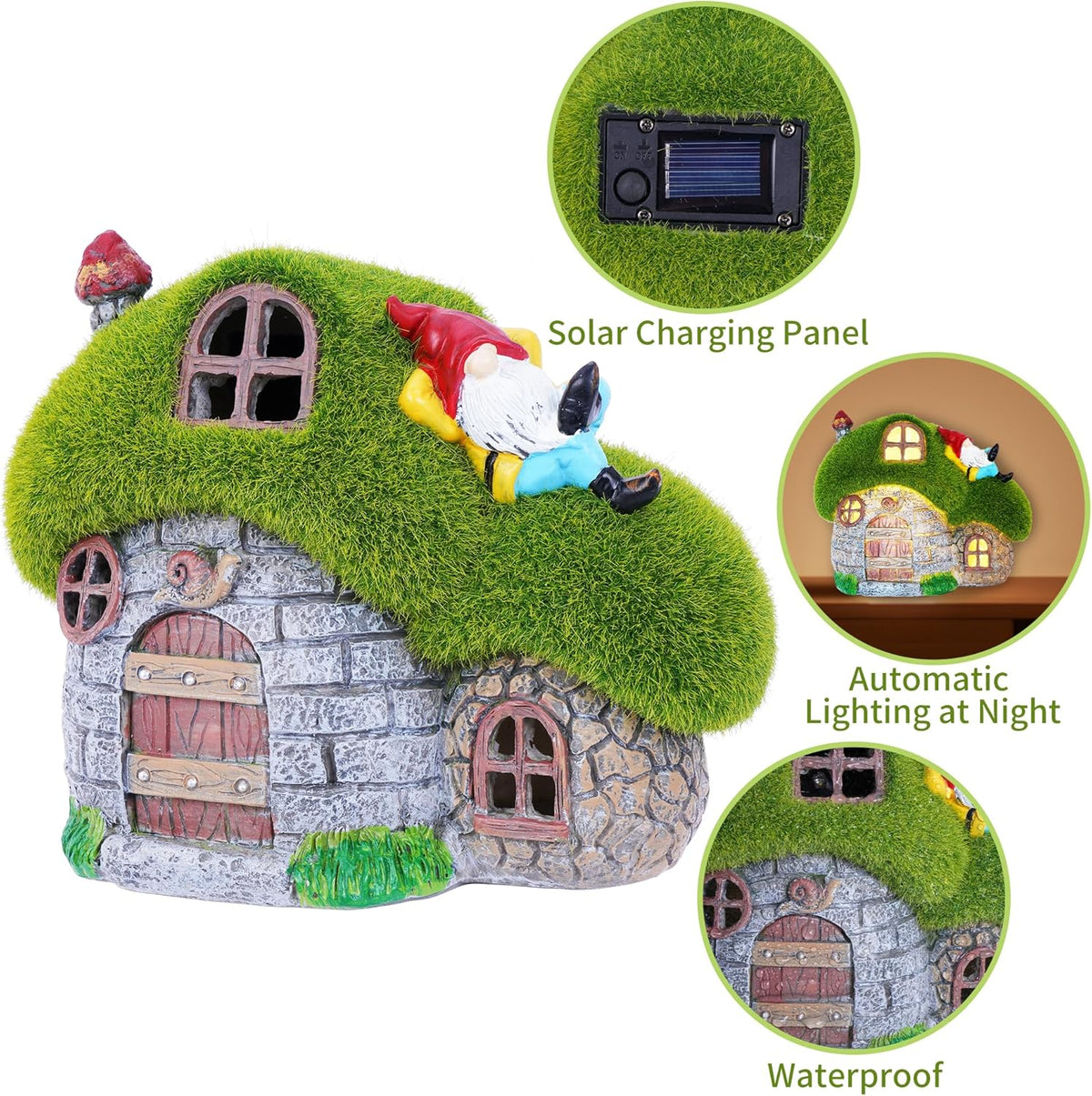 ILLUMINEW House Garden Statues with Solar Lights, LED Cute Flocked Fairy House with Gnomes Garden