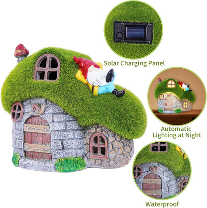 ILLUMINEW House Garden Statues with Solar Lights, LED Cute Flocked Fairy House with Gnomes Garden