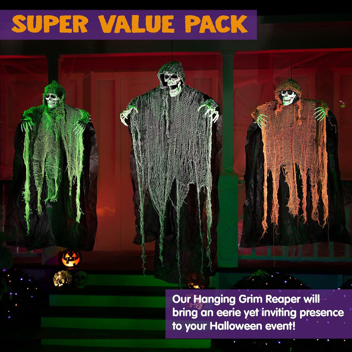 JOYIN Halloween Hanging Grim Reapers (3 Pack), One 47” and Two 35” Grim Reapers, Halloween Skeleton