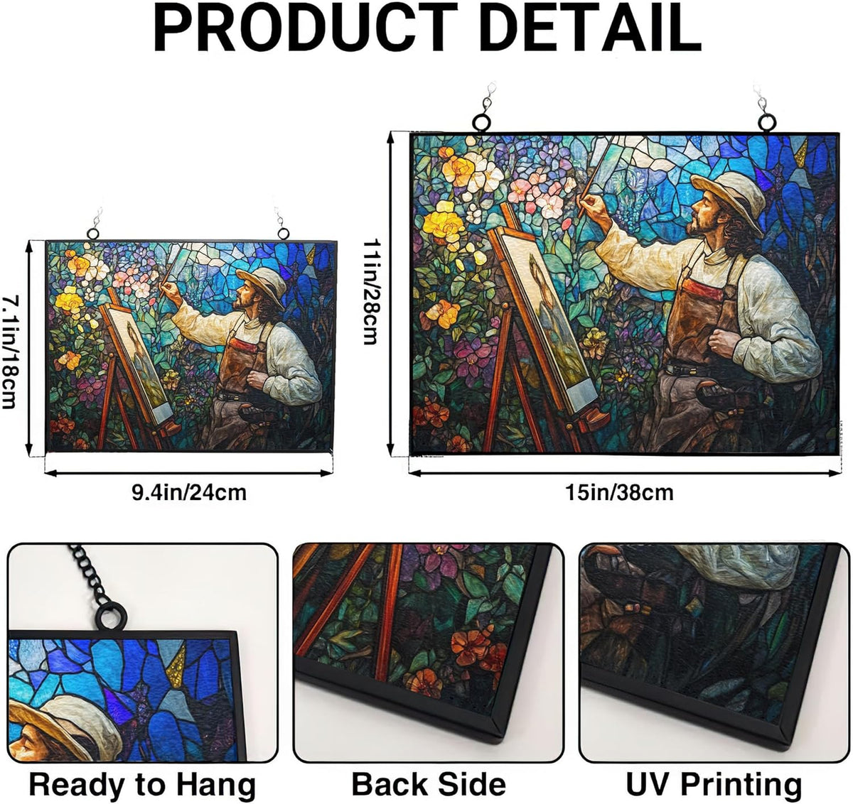Customized Rectangle Art Nouveau Blooming Painter Stained Glass Window Hangings, Handcrafted