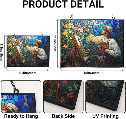 Customized Rectangle Art Nouveau Blooming Painter Stained Glass Window Hangings, Handcrafted