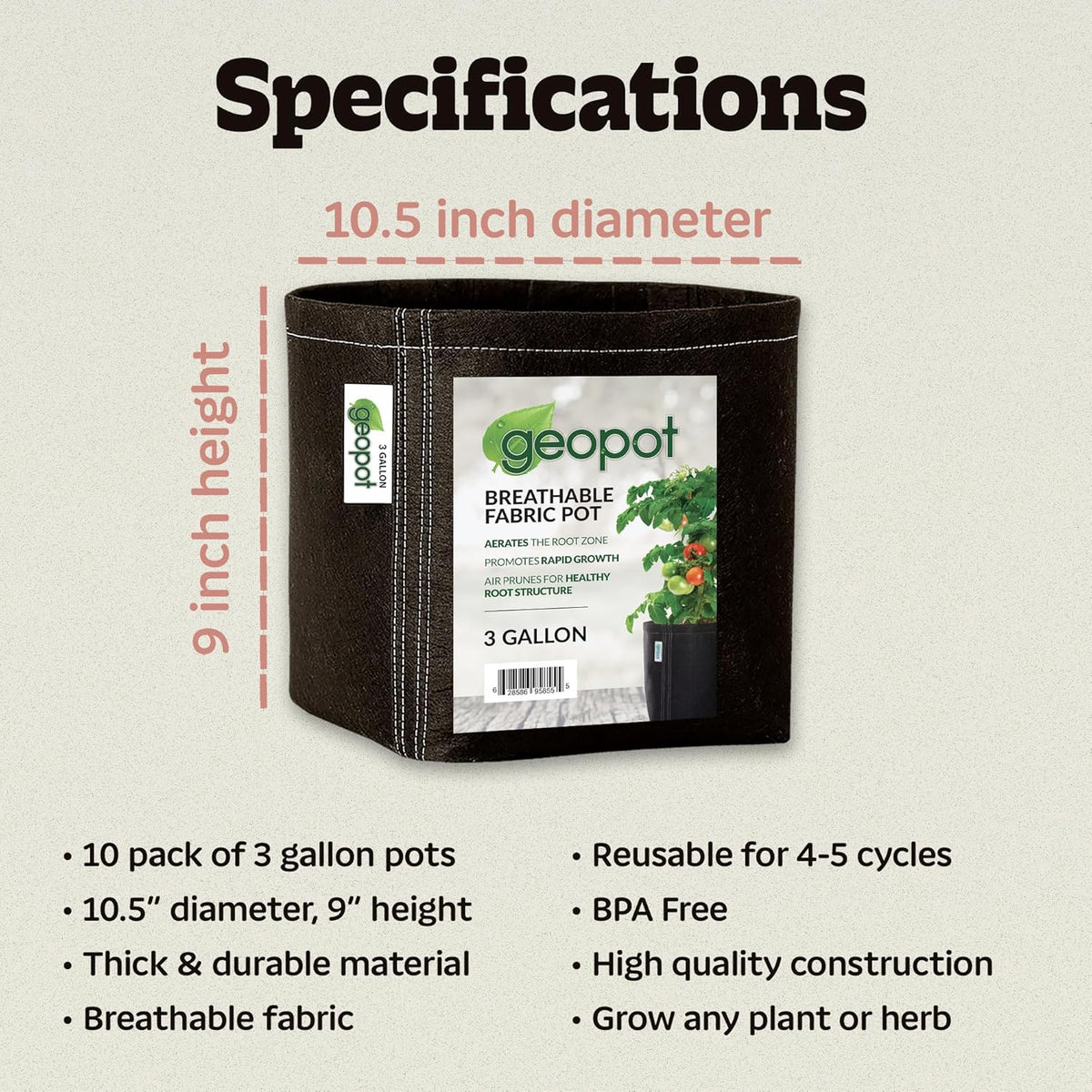 GeoPot 3 Gallon Fabric Grow Bags for Vegetables, Houseplants, Herbs & Flowers | 10-Pack | Fabric
