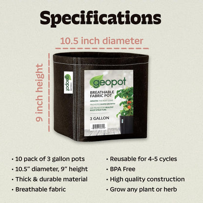 GeoPot 3 Gallon Fabric Grow Bags for Vegetables, Houseplants, Herbs & Flowers | 10-Pack | Fabric