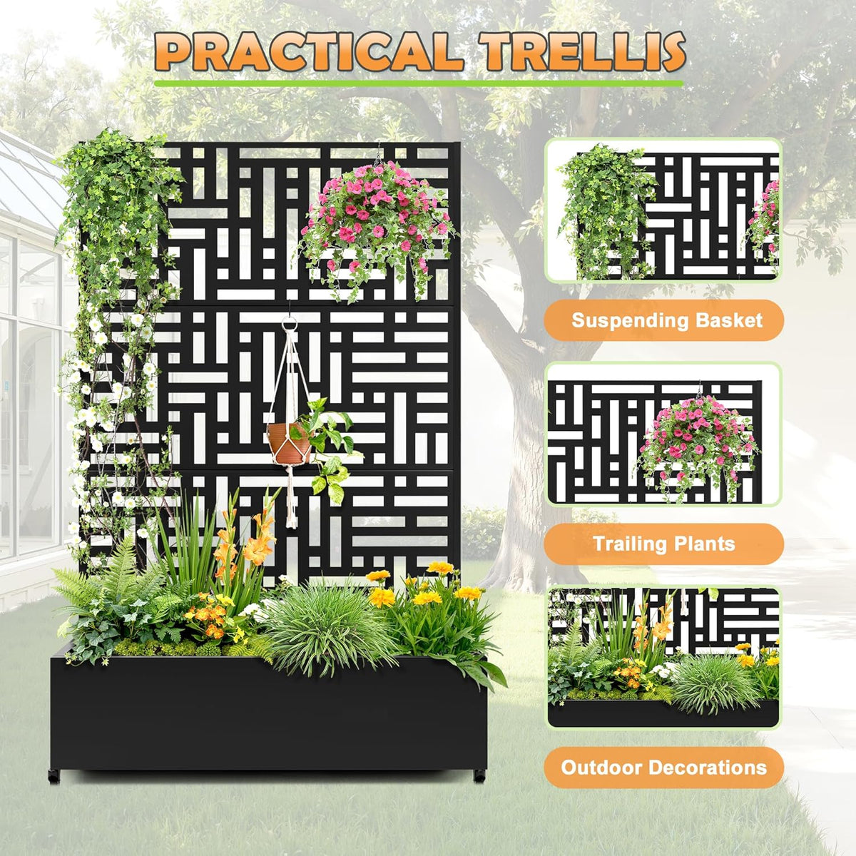 Metal Raised Garden Bed with Trellis, 2-in-1 Planter Box & Privacy Screen for Climbing Plants