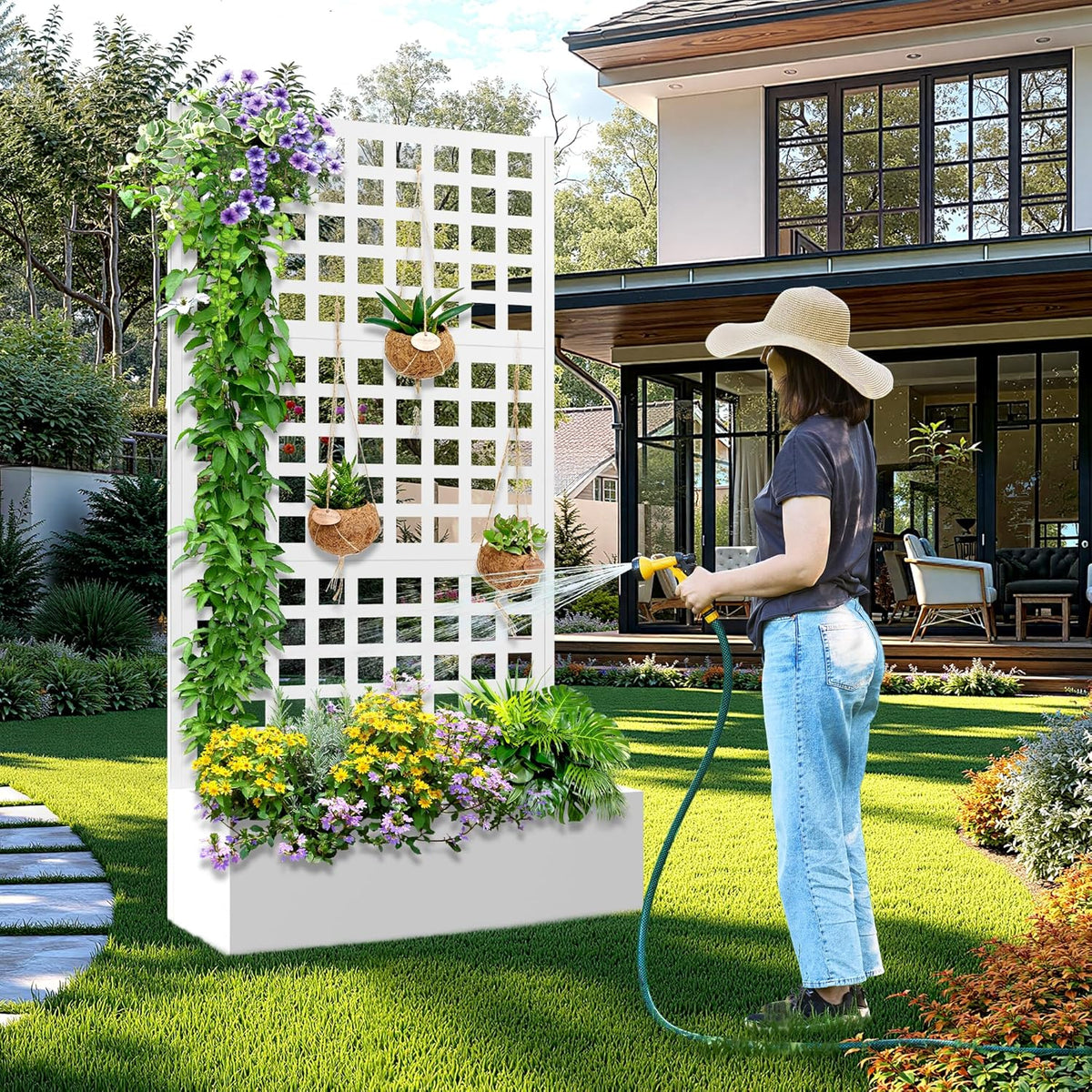 Metal Raised Garden Bed with Trellis, 2 in 1 Trellis with Planter Box & Privacy Screen for Climbing