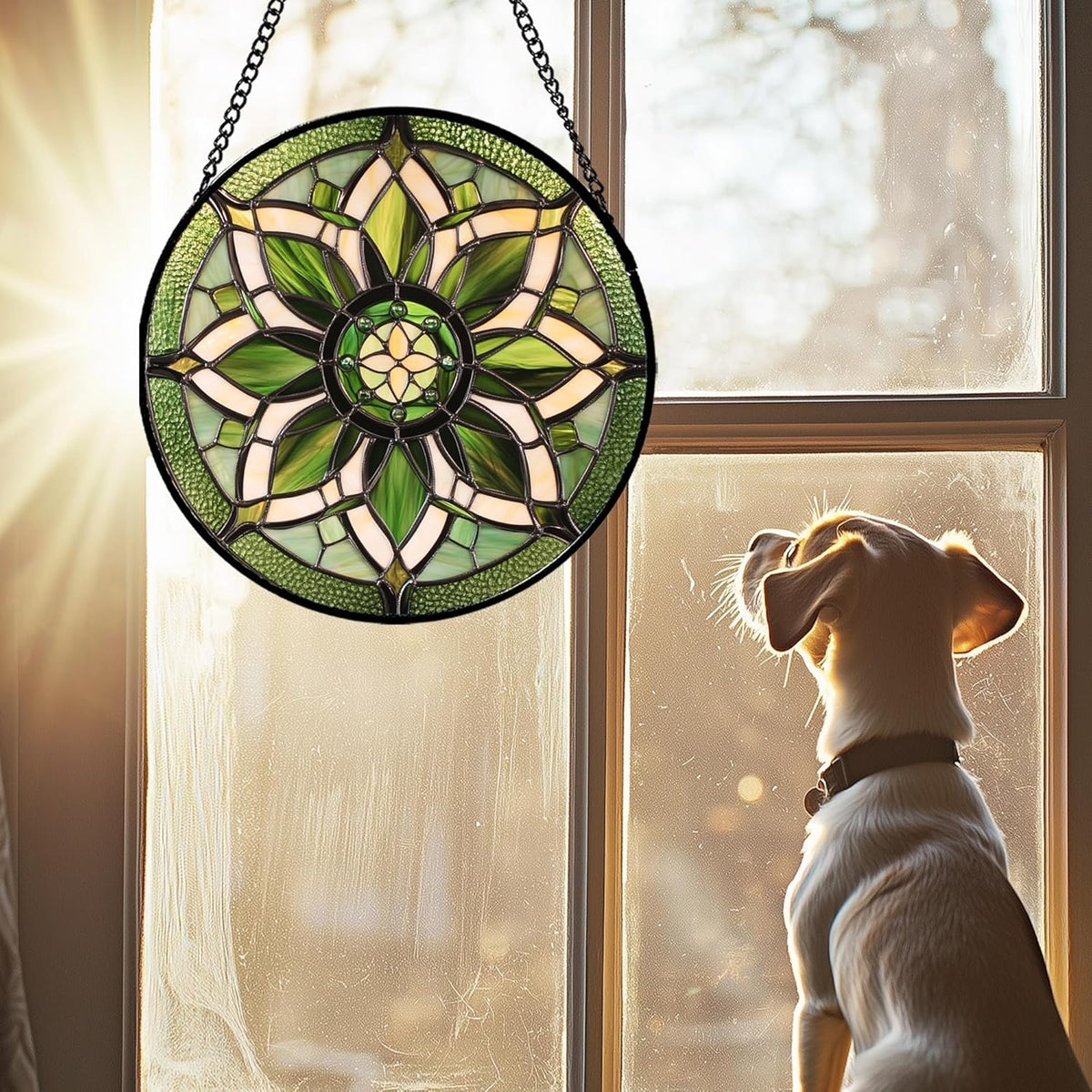 Stained Glass Window Hanging - White Green Boho Flower Suncatcher for Doors Window Home Sun