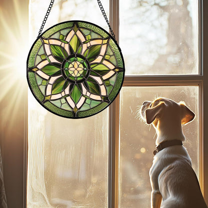 Stained Glass Window Hanging - White Green Boho Flower Suncatcher for Doors Window Home Sun