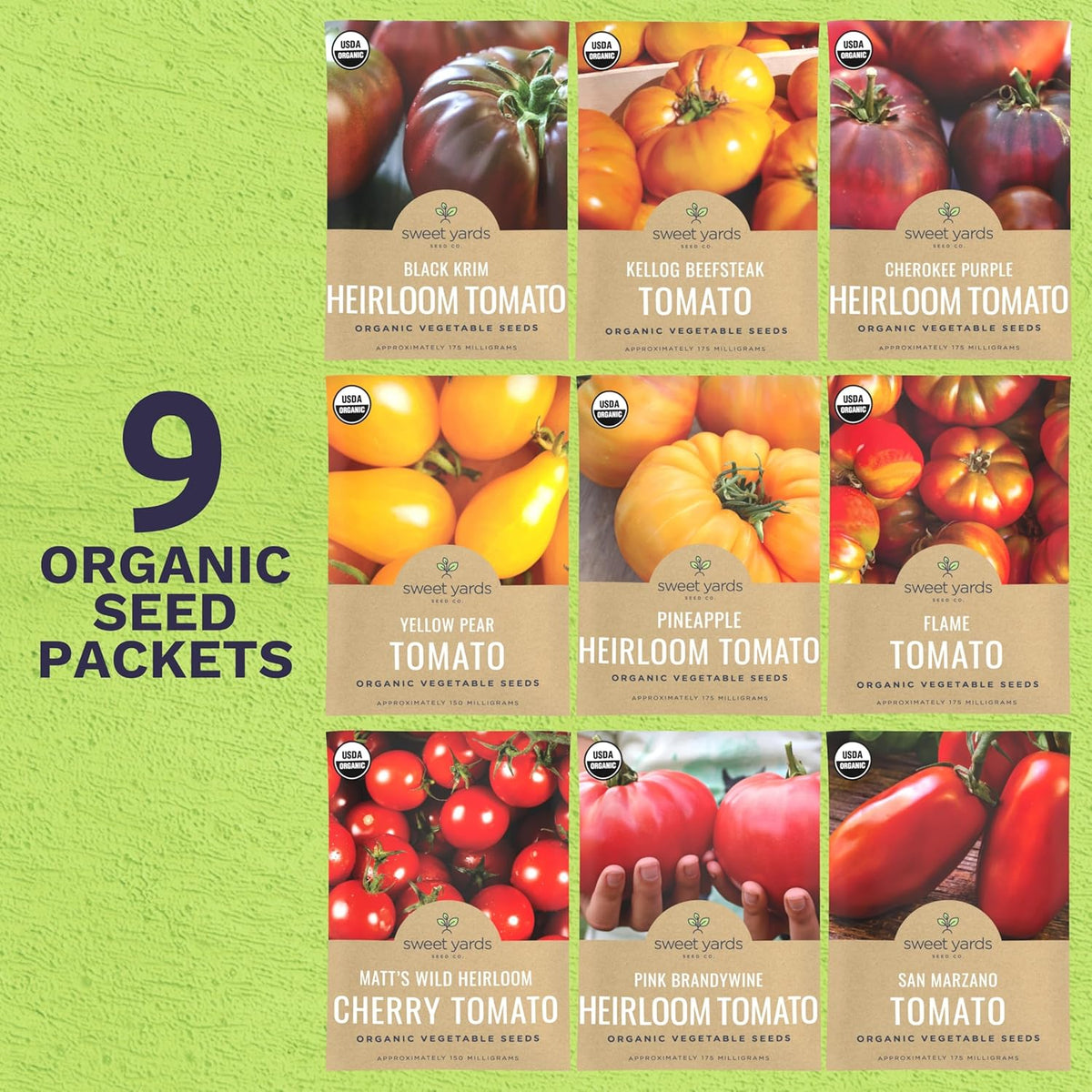 Organic Tomato Seeds Variety Pack - 9 Individual Packs - 2025 Season - Roma, Cherry, Black Krim