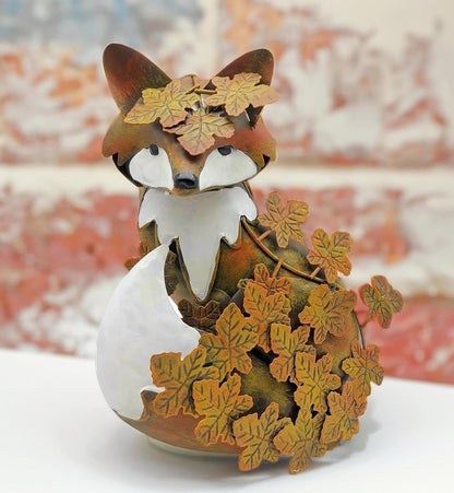 coolboy Garden Metal Fox Outdoor Statues,Interesting Maple Leaf Fox Sculpture for Patio Lawn Home