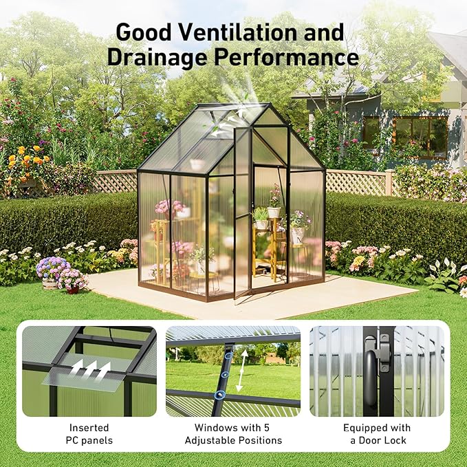 6x4FT Outdoor Greenhouse, Polycarbonate Green House, Small Walk-in Greenhouse with Vented Roof