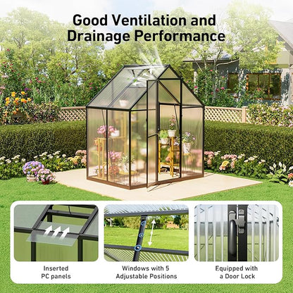 6x4FT Outdoor Greenhouse, Polycarbonate Green House, Small Walk-in Greenhouse with Vented Roof