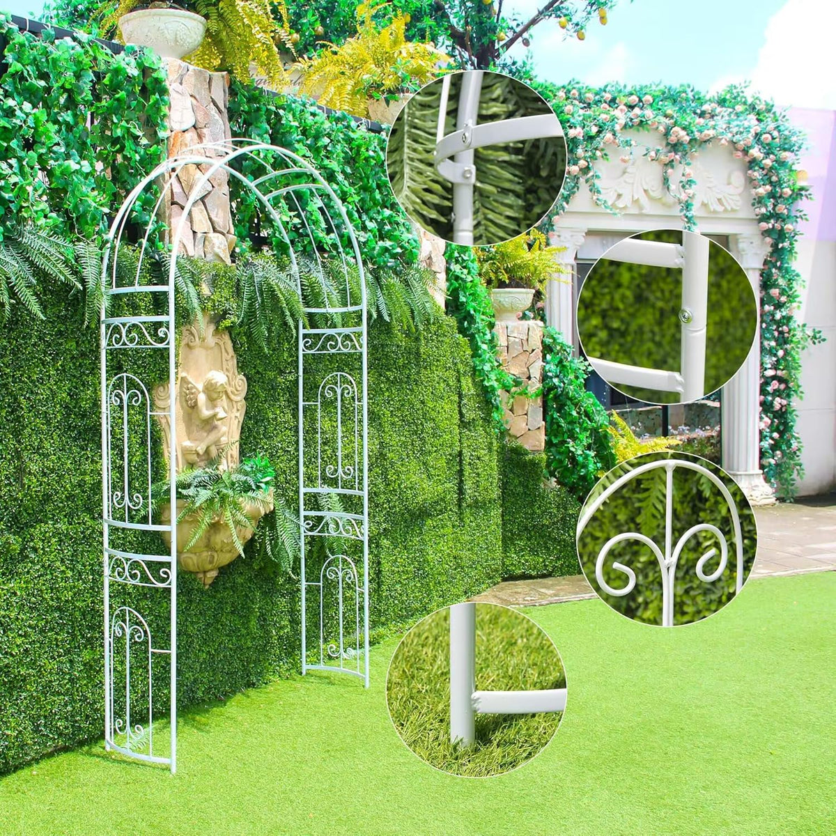 White Wedding Arch Garden Arbor Curved Metal Archway with Elegant Curve for Climbing Plants Roses