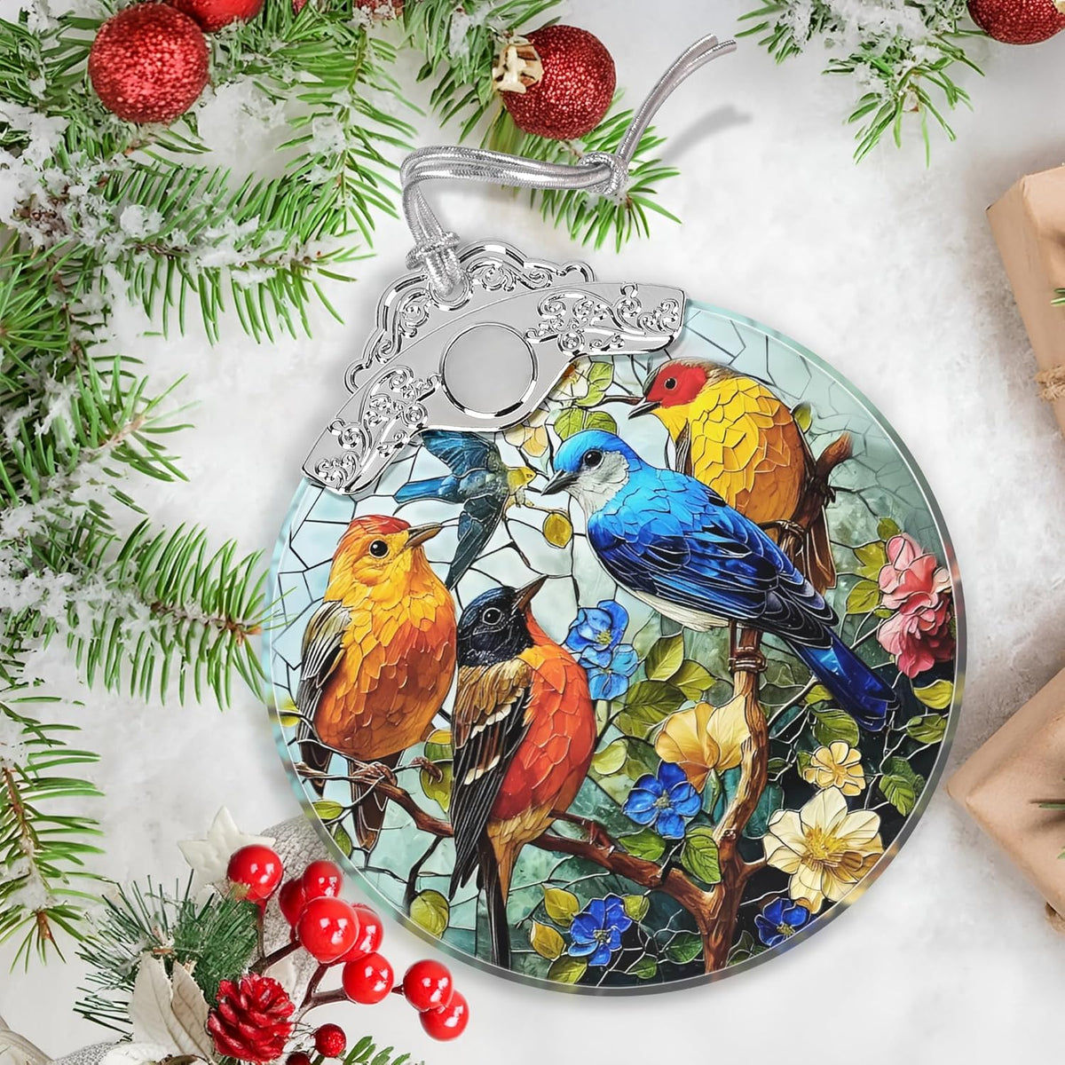 Birds on Branches Stained Glass Orament - Christmas Ornament - Christmas Decorations for Tree