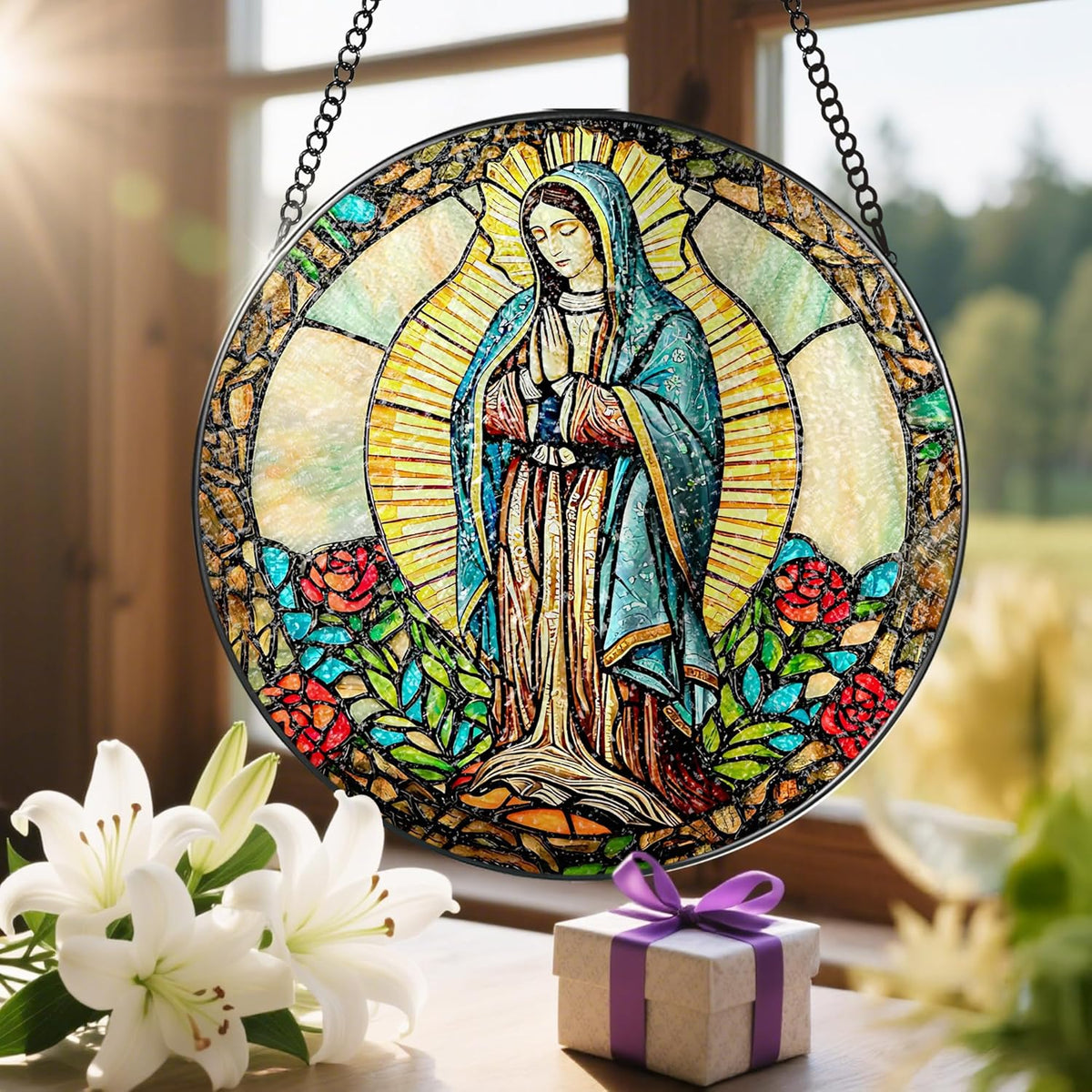 8 Inch Our Lady of Guadalupe Stained Glass Suncatcher, Stained Glass Window Hanging, Mexican Mom