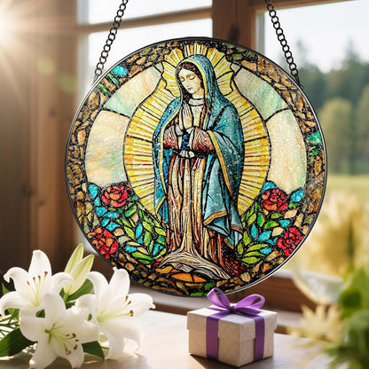 8 Inch Our Lady of Guadalupe Stained Glass Suncatcher, Stained Glass Window Hanging, Mexican Mom