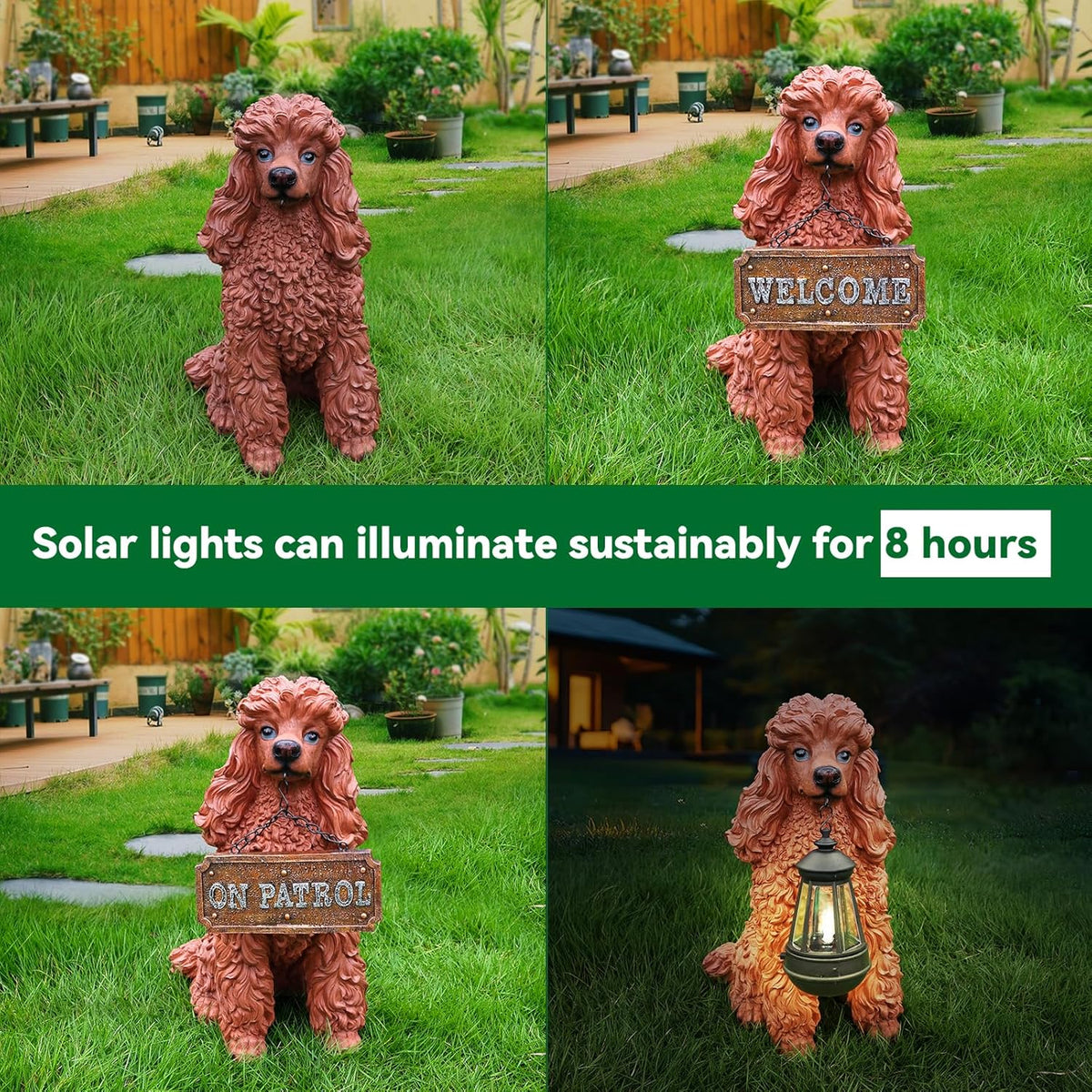 Poodle Outdoor Garden Statue with Double-Sided “Welcome/ON Patrol” Hanging Sign and Solar Lantern