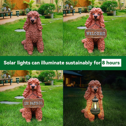 Poodle Outdoor Garden Statue with Double-Sided “Welcome/ON Patrol” Hanging Sign and Solar Lantern