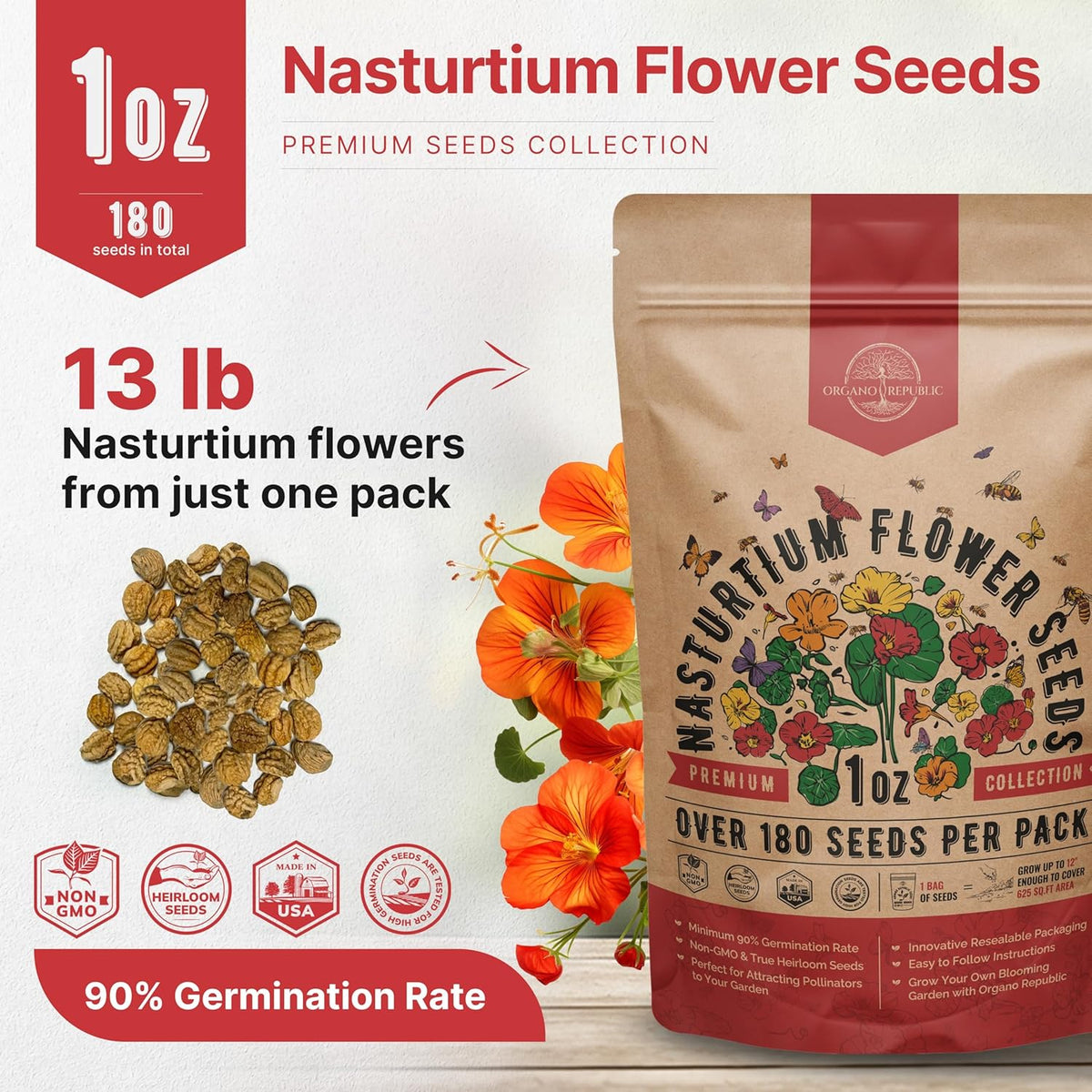 Nasturtium Seeds Pack 1 oz - Non-GMO Heirloom Flower Seeds for Planting, Edible Flowers in