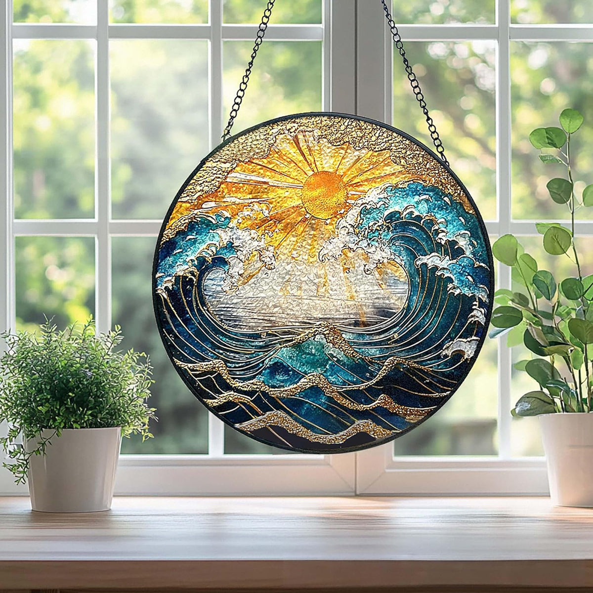 Ocean Wave Sunset Suncatcher Stained Glass Window Hanging - 10" Hand-Painted Sun Catcher Garden
