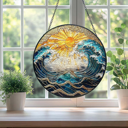 Ocean Wave Sunset Suncatcher Stained Glass Window Hanging - 10" Hand-Painted Sun Catcher Garden