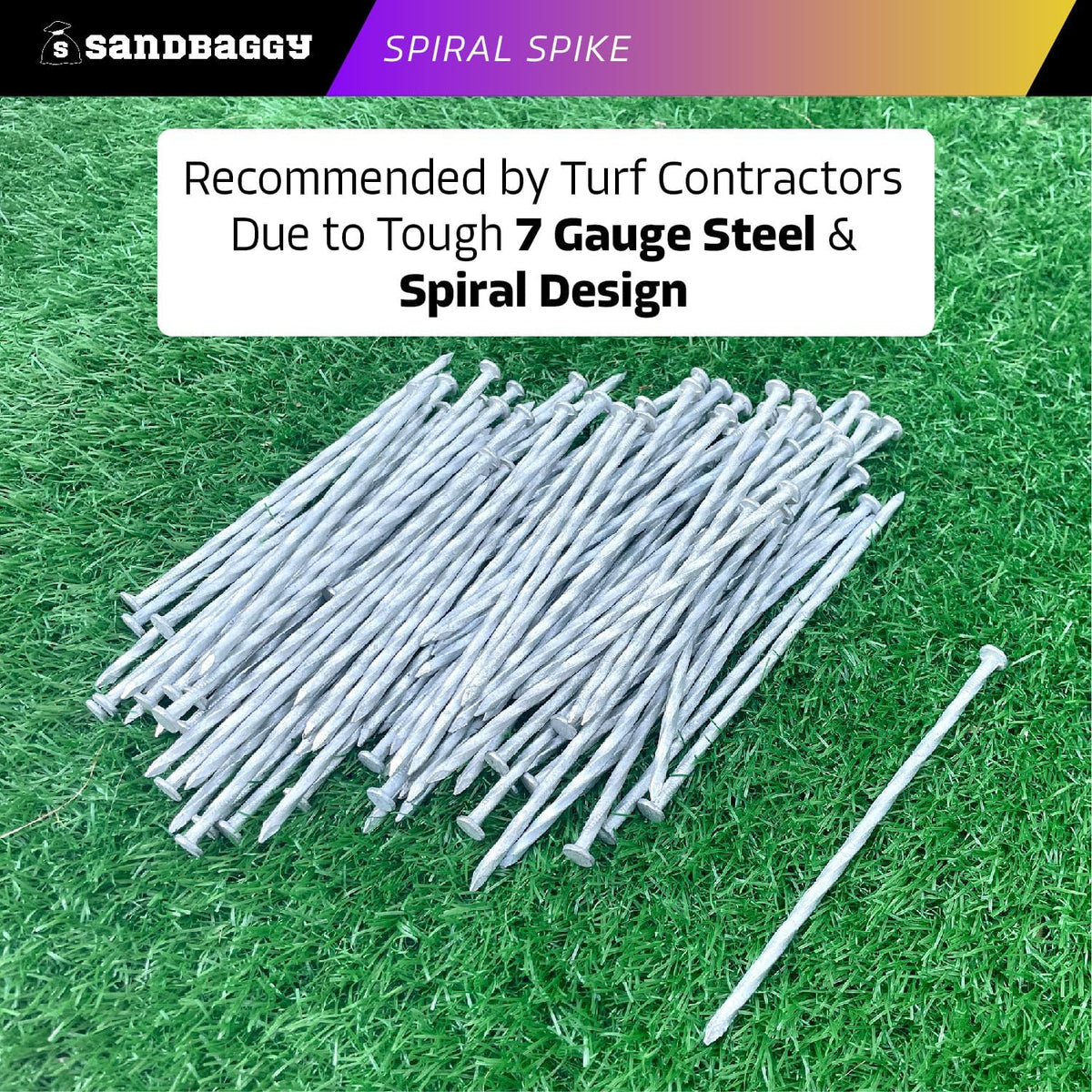 Sandbaggy 6 Inch Galvanized Artificial Turf Stakes - Spiral Landscape Nails - Ground Spikes/Pins