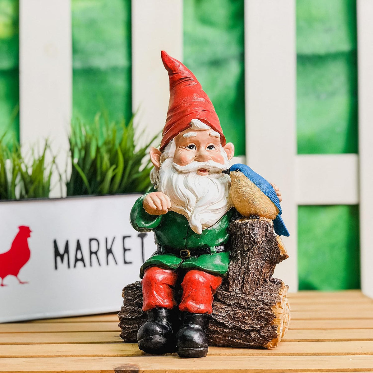 Garden Gnome Statues with Bird Resin Sculpture Gnome Sitting on The Stump Outdoor Statues for