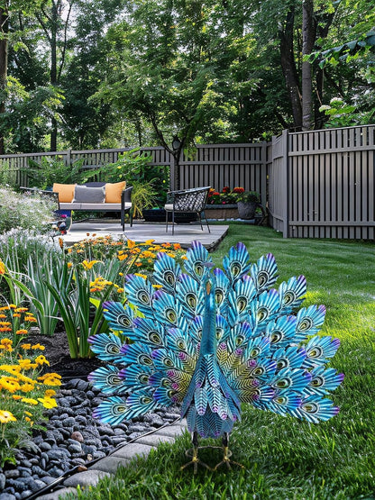 YEAHOME Garden Decor Outdoor Statues, 22.4" Large Metal Peacock Standing Yard Art, Blue Green Bird