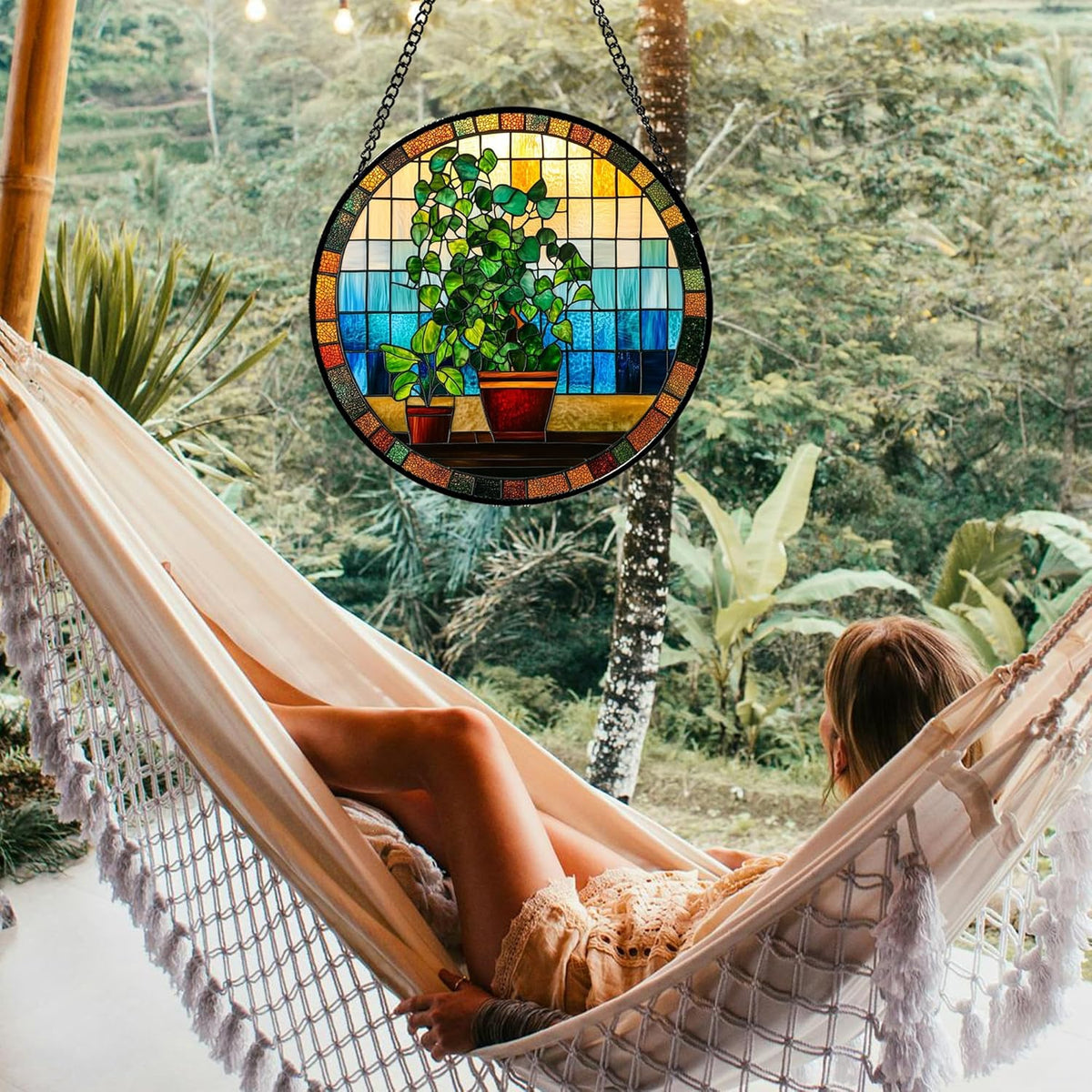 Stained Glass Window Hanging Green Potted Plants Large 11.8" - Suncatcher Door Garden Sun Catcher