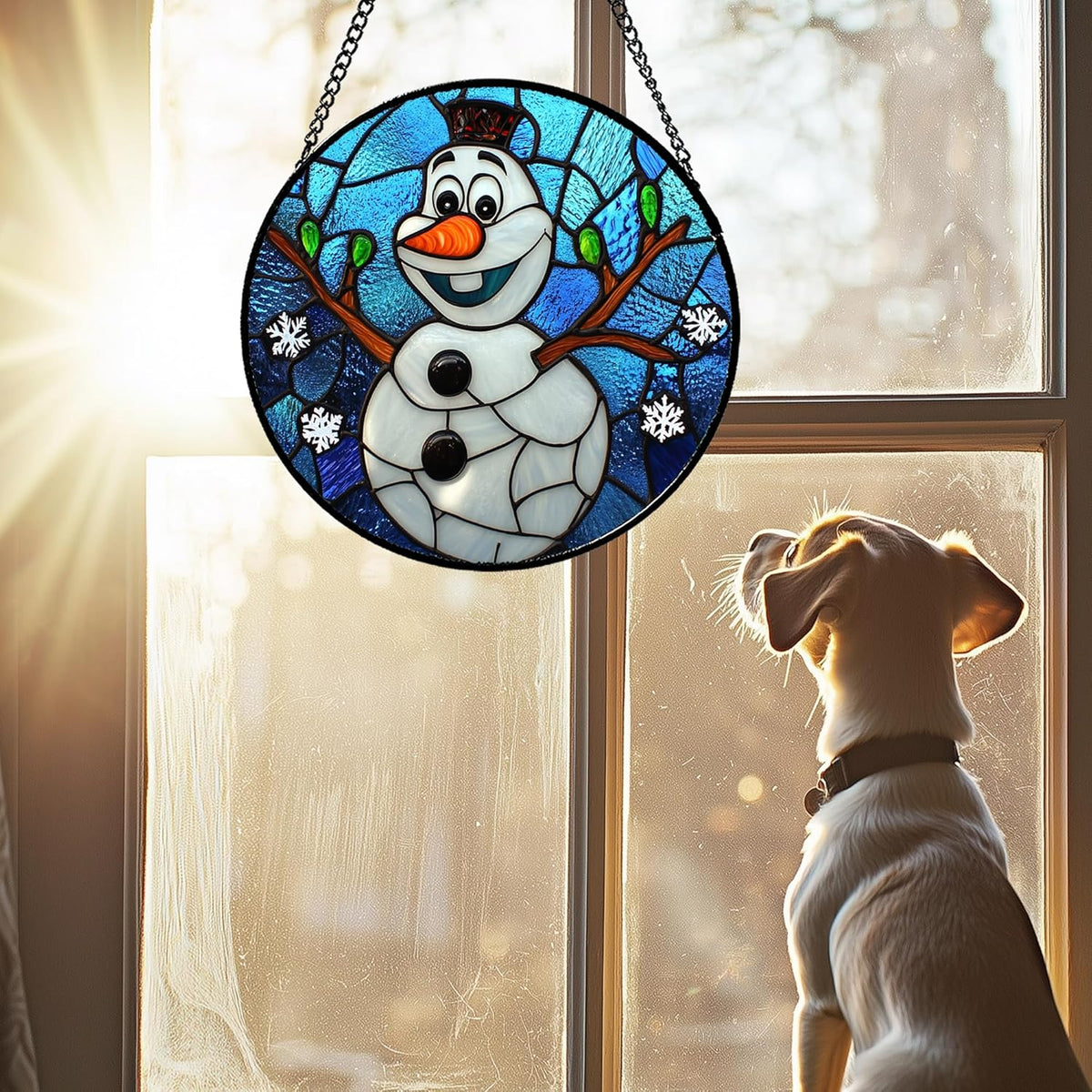 Stained Glass Window Hanging Christmas Funny Snowman 9.8" - Suncatcher Door Garden Blue White
