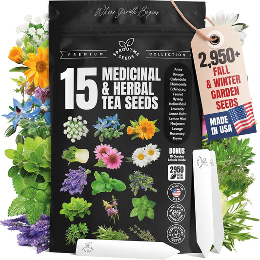 15 Medicinal & Herbal Tea Seeds Variety Pack Home Garden Kit Plant Markers 2950+ Non-GMO Heirloom