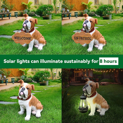 English Bulldog Outdoor Dog Statue with Flip-Over “Welcome/ON Patrol” Plaque and Solar Path