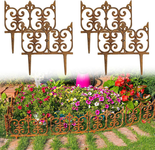 Sungmor Decorative Cast Iron Garden Edging, 4 Pack Full Rusted Victorian Garden Edging Landscape