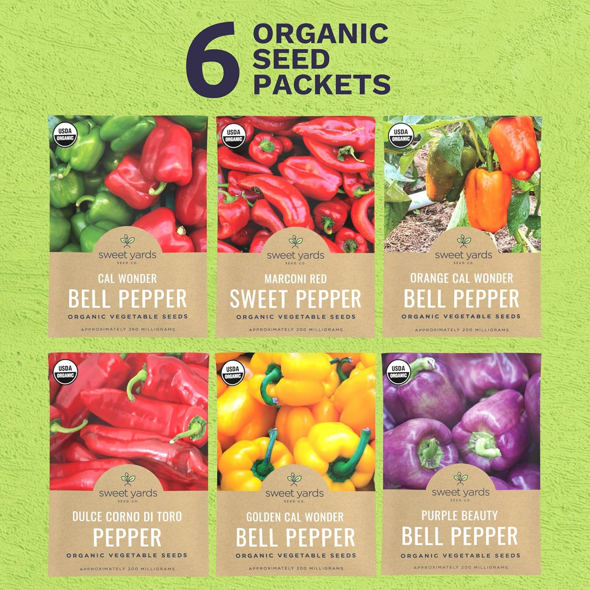 Organic Sweet Pepper Seeds Variety Pack - 6 Individual Packs - 2025 Season - Red, Orange, Yellow