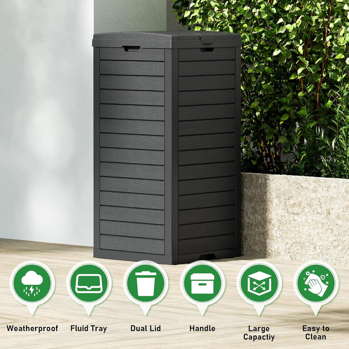 31 Gallon Outdoor Trash Can, Waterproof Resin Garbage Can with Lid and Drip Tray Easy Cleaning
