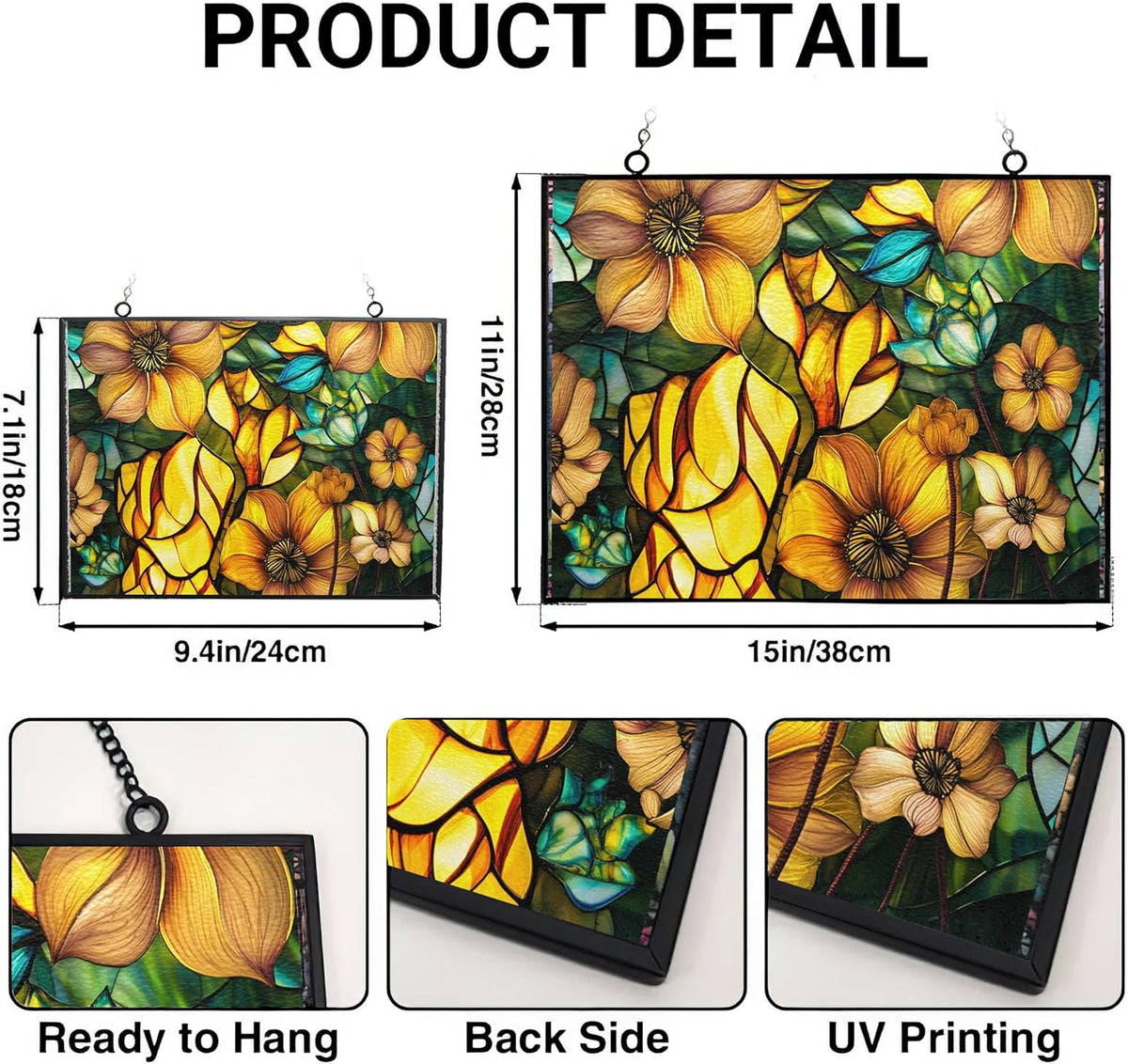 Rectangle Sun Lotus Stained Glass Suncatcher Window Hangings, Suncatchers Colorful Glass Panel Sun