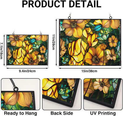 Rectangle Sun Lotus Stained Glass Suncatcher Window Hangings, Suncatchers Colorful Glass Panel Sun