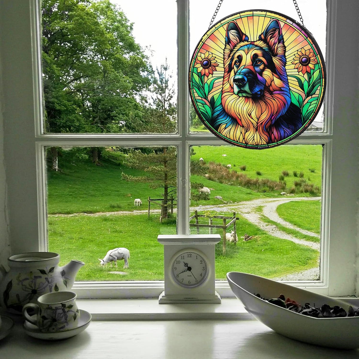 Stained Glass Dog Memorial Suncatcher,German Shepherd Window Hanging,Sympathy Gifts for Pet