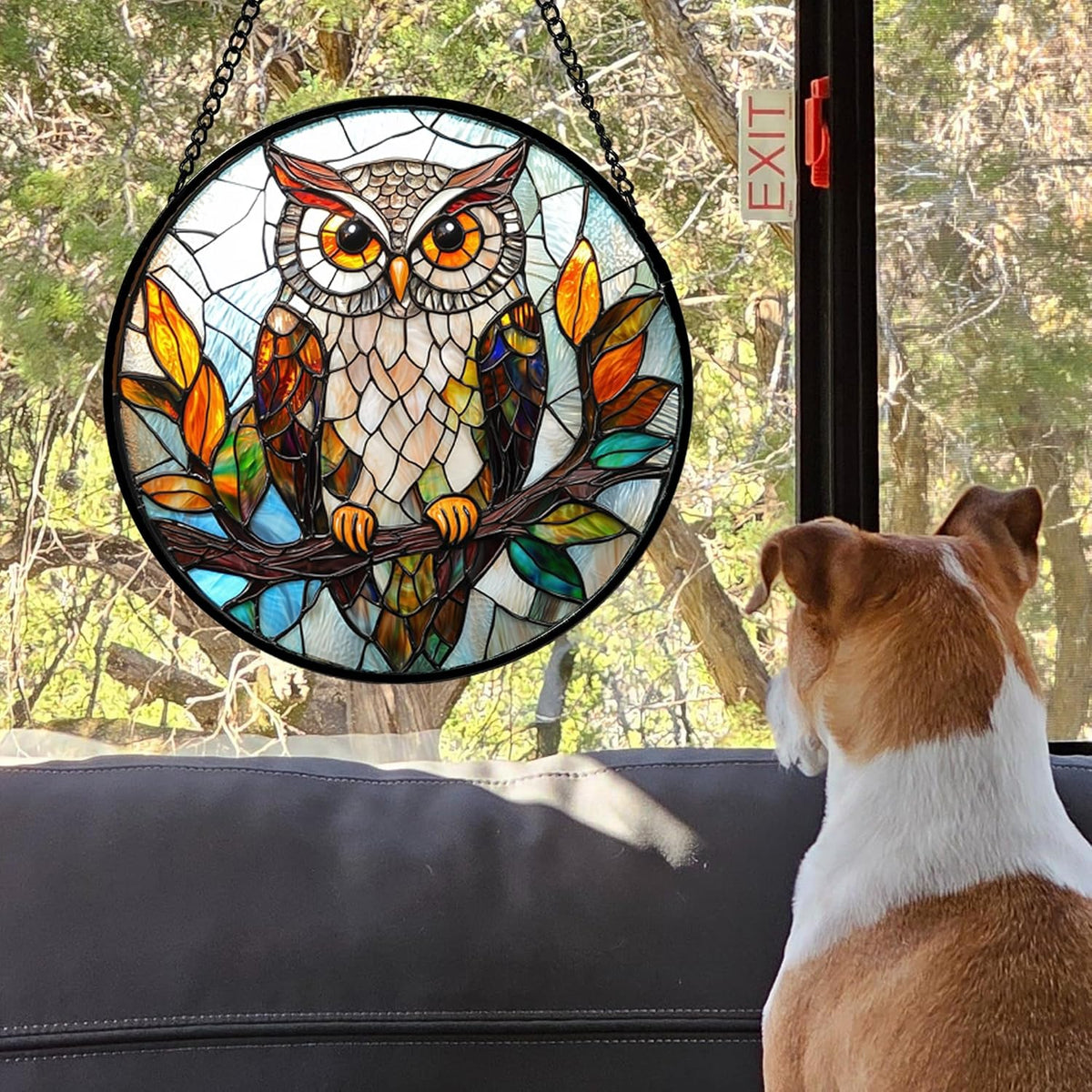 Stained Glass Window Hanging, Owl Colorful Leaves Birds Sun Catchers Diamond Glass Panel Hangings