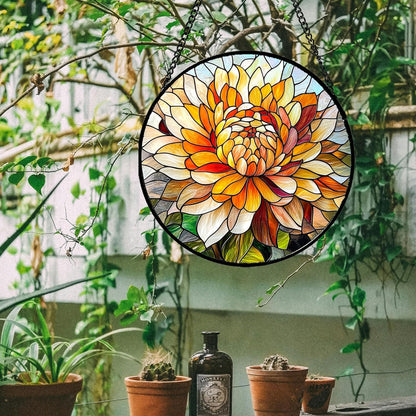 Stained Glass Window Hanging - Chrysanthemum Suncatcher for Doors Garden Patio Birth Flowers Sun